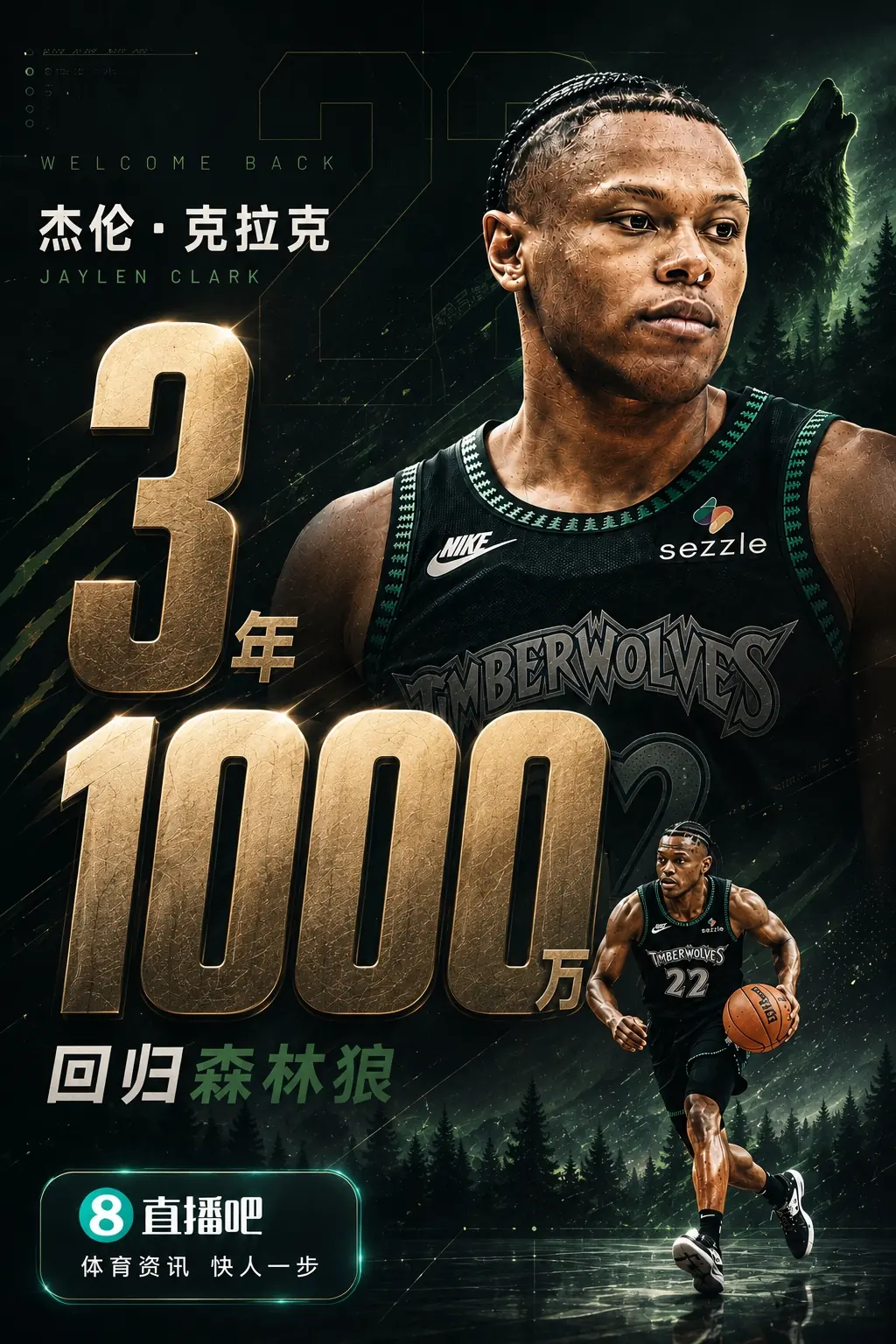 🚨狼记：杰伦·克拉克三年1000万回归森林狼！