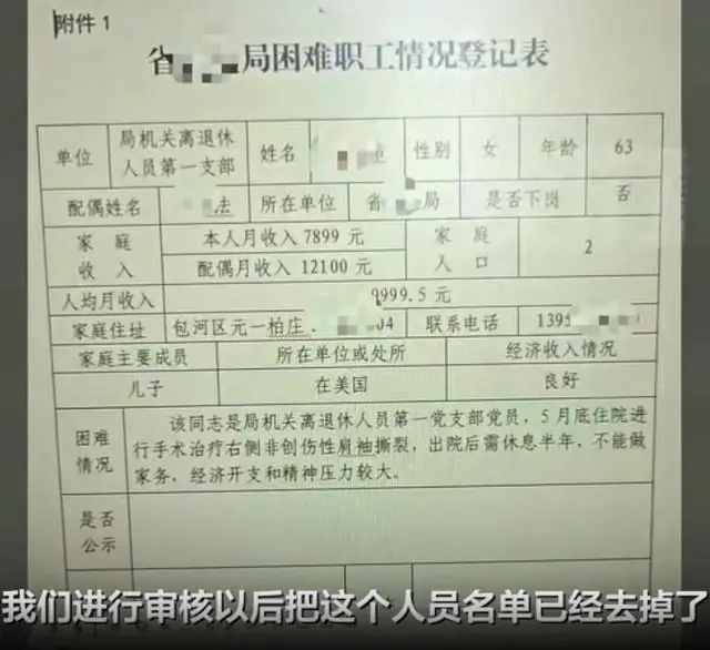 “月收入为7899元，配偶月收入为12100元”，退休女子填写困难职工登记表引争议，安徽省药监局工作人员回应
