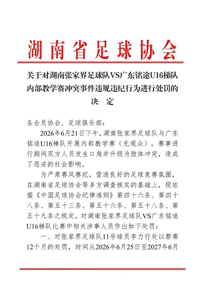 球员在足球交流赛中发生肢体冲突 湖南、广东发布处罚决定