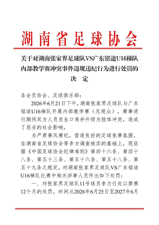 湖南足协公布对张家界队处罚：一球员禁赛1年，三球员禁赛半年