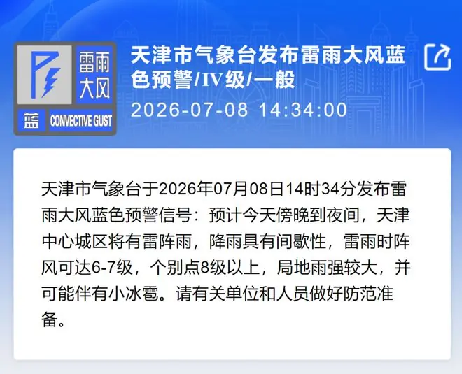 刚刚 | 天津预警！局地雨强较大！雷雨大风又来了！