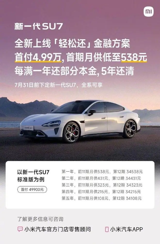 小米汽车上线“轻松还”，首付4.99万首期月供538元，每年还部分本金5年还清