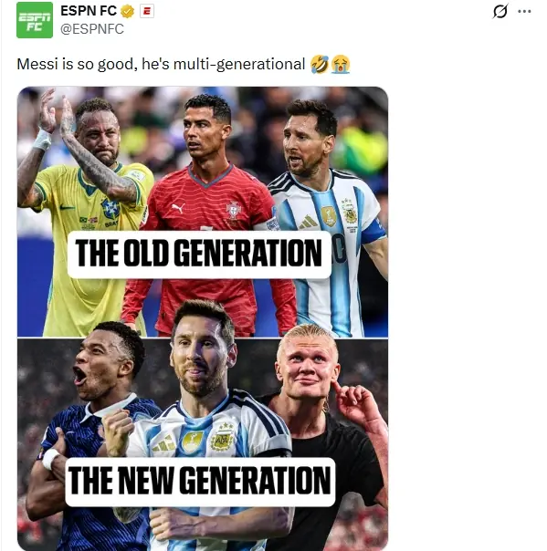 跨时代！ESPN晒照赞梅西：老一代梅罗内，新一代梅姆哈
