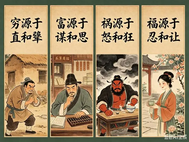 记住，穷源于直和犟、富源于谋和思；祸源于怒和狂；福源于忍和让