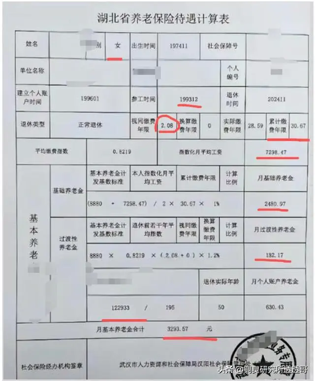 湖北某退休女工养老金曝光：工龄30.58年，个人账户122933元