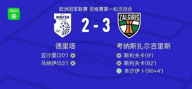 考纳斯扎尔吉里斯3-2德里塔，斯利夫卡双响，本沙伊卜1传1射