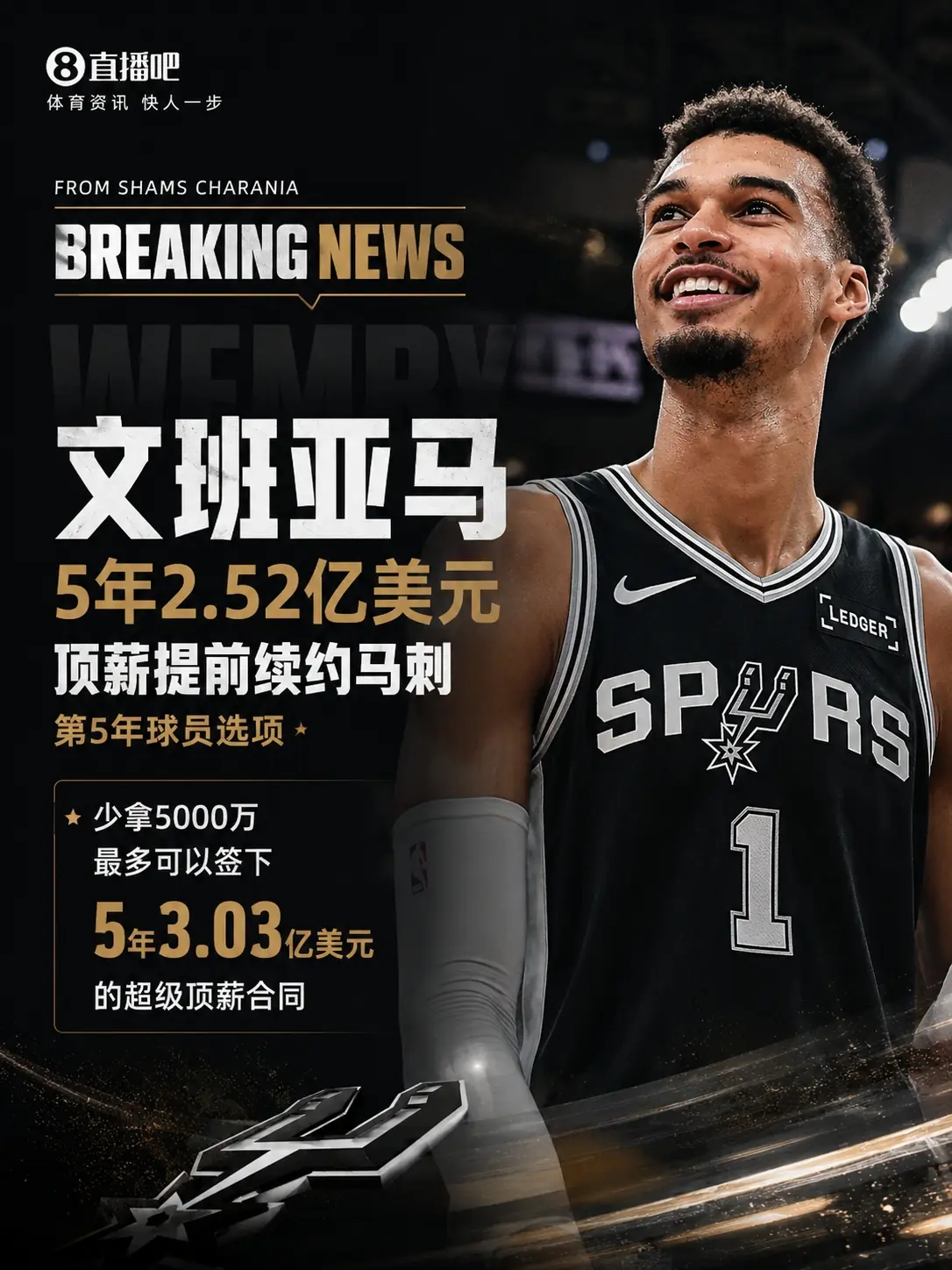 少拿五千万！Shams：文班亚马5年2.52亿美元顶薪提前续约马刺