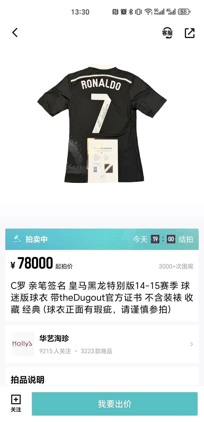 C罗谢幕世界杯，签名款球衣在中国起拍价7.8万