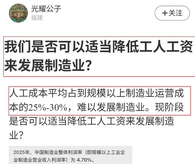 当前制造业整体利润率偏低,网友建议:适当降低工人工资!