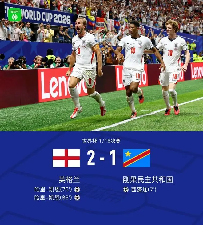 英格兰2-1逆转民主刚果晋级16强，凯恩双响力挽狂澜，戈登两助攻