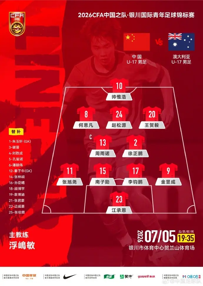 银川国际青年足球锦标赛，U17国足vs澳大利亚U17，中国队首发阵容